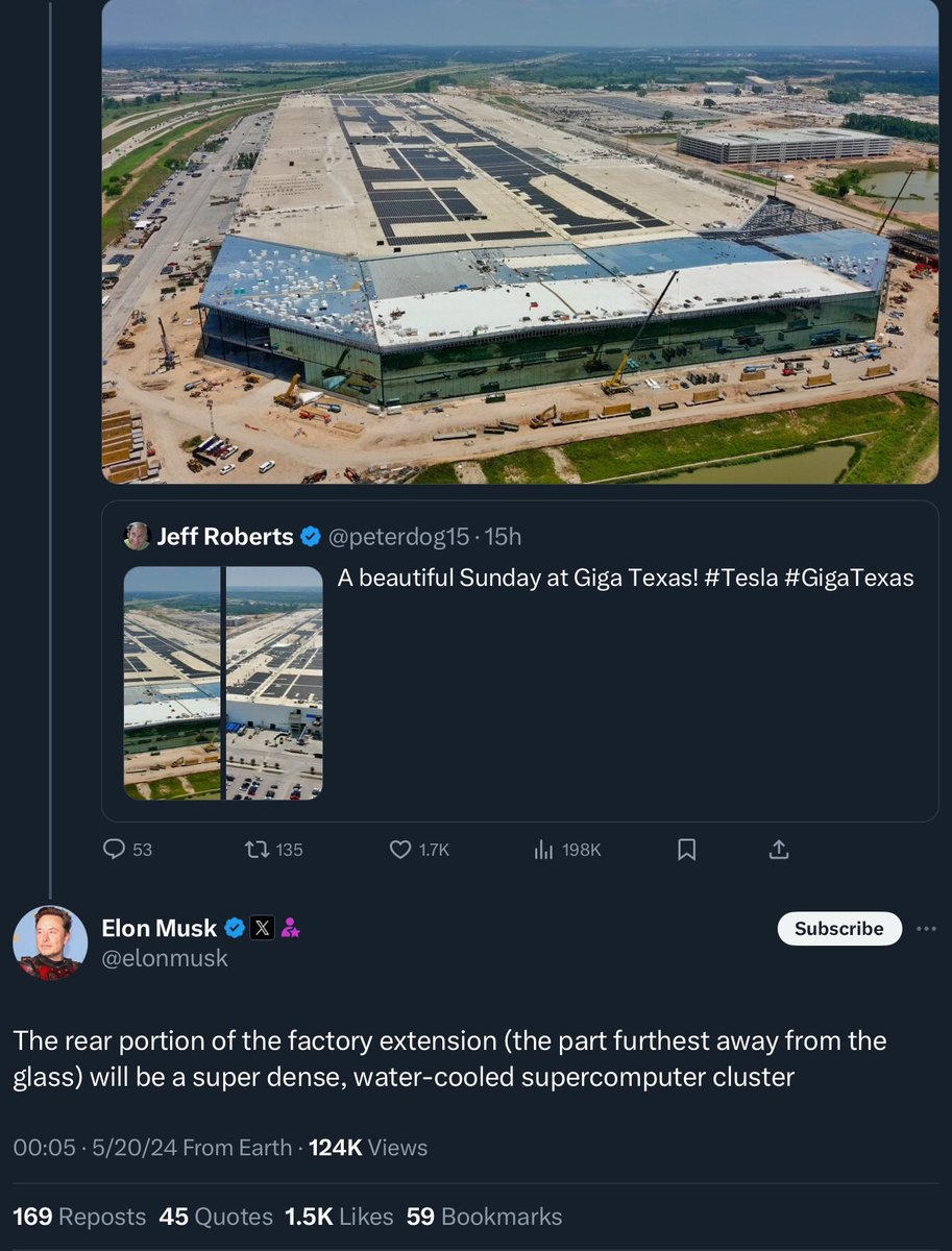 After @peterdog15 posted these images of Giga Texas yesterday, @elonmusk commented that the center section of the new extension will be a water cooled supercomputer cluster. This is related to the permits & cooling structural platform under construction we have discussed on