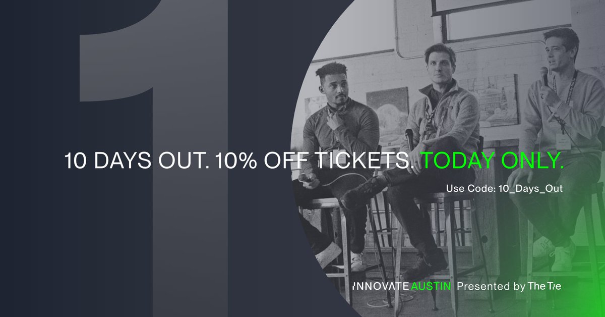 Countdown to #InnovateAustin. 10 days out and TODAY ONLY, we’re offering 10% off tickets.

50+ speakers. 150+ institutions registered. If you haven't registered yet, now is your chance with this limited-time offer.

Use Code: 10_Days_Out
🎟️ innovate.thetie.io