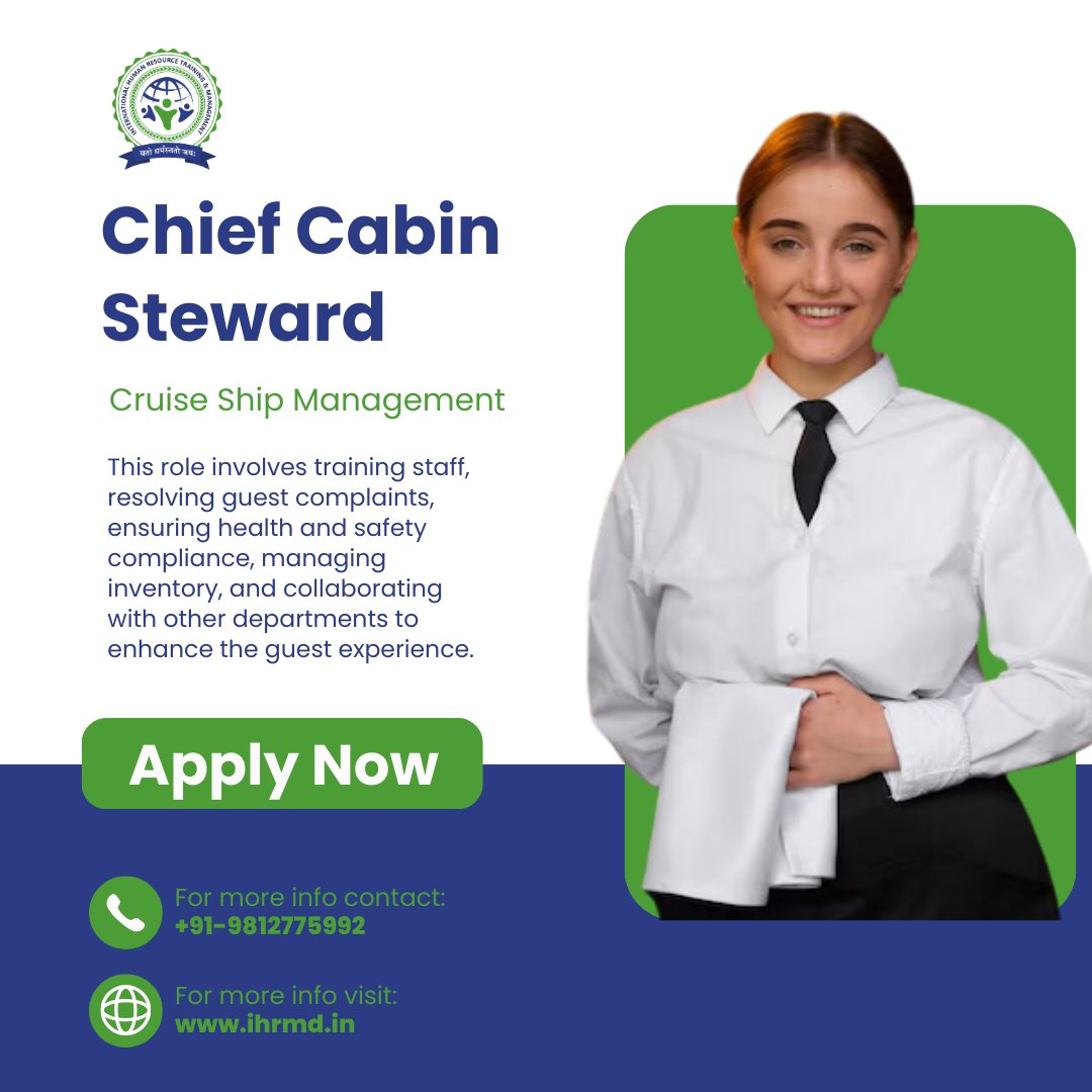 Step into a leadership role in Cruise Ship Management. As a Chief Cabin Steward,manage inventory, and collaborate with other departments to enhance the guest experience. Ready to make waves in your career? Apply now! 🌊
#chiefcabinsteward #cruisejobs #vacancy #ihrmd #ihrmdjaipur
