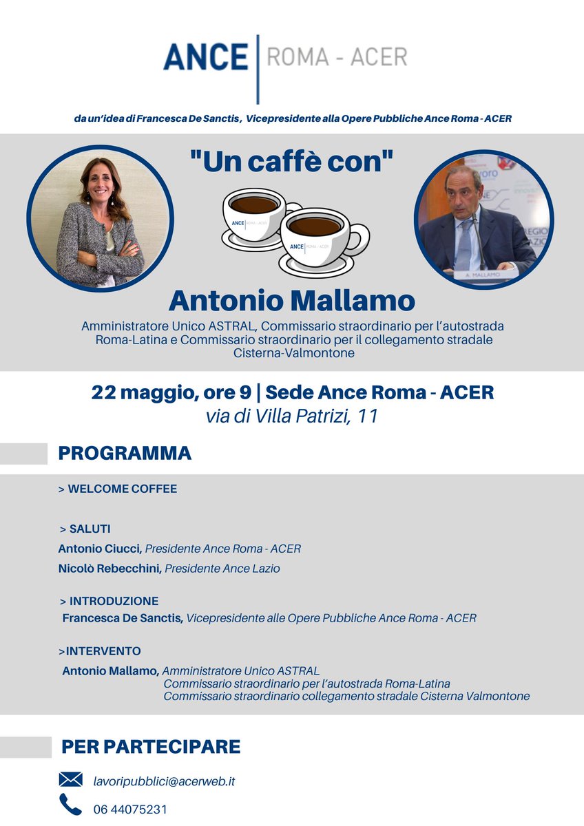 🔵 “UN CAFFÈ CON” | Il programma di manutenzione stradale, la Roma-Latina e la Cisterna-Valmontone, le opere di urbanizzazione nei Piani di zona: questi i temi protagonisti, mercoledì 22 maggio, del confronto con Antonio Mallamo, Amministratore Unico ASTRAL

Tutti i dettagli🔻