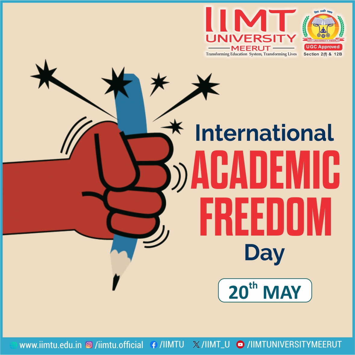 Happy International Academic Freedom Day! Let knowledge flourish, minds expand, and ideas soar, in the spirit of freedom.

#InternationalAcademicFreedomDay #educationforall #SpiritOfFreedom

#IIMTU #AdmissionsOpen2024 

🌐iimtu.edu.in  📱+91-9045954124

#IIMTMeerut