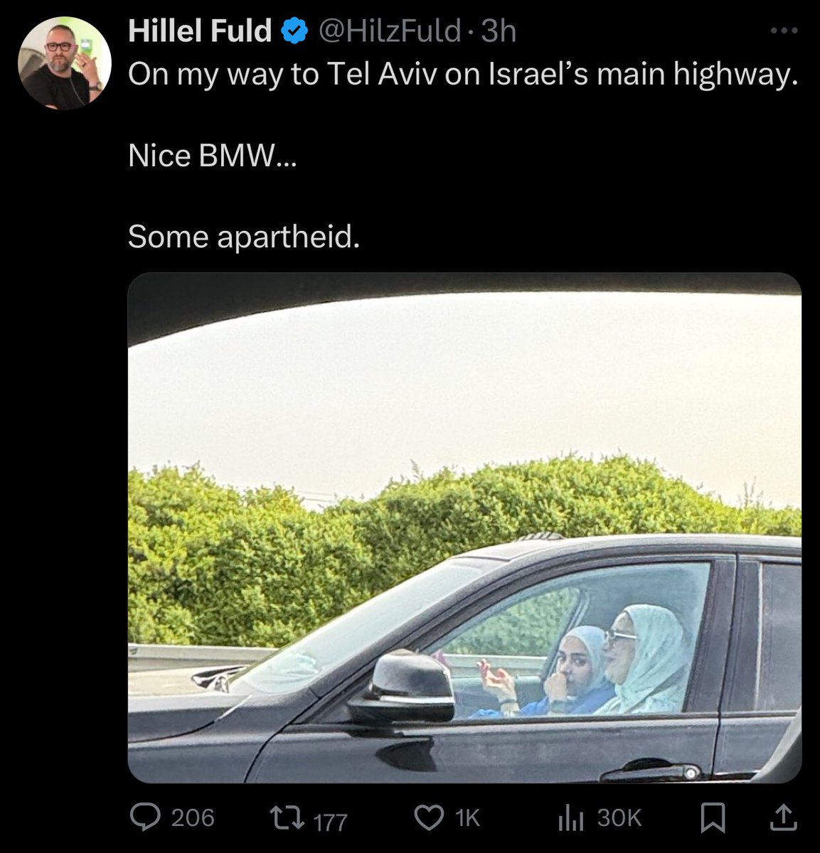 *sees two Palestinian women minding their own business in a car so takes an intrusive photo of them & posts it to 130k followers on the internet*

“See? No apartheid, their life couldn’t have been any more peaceful”