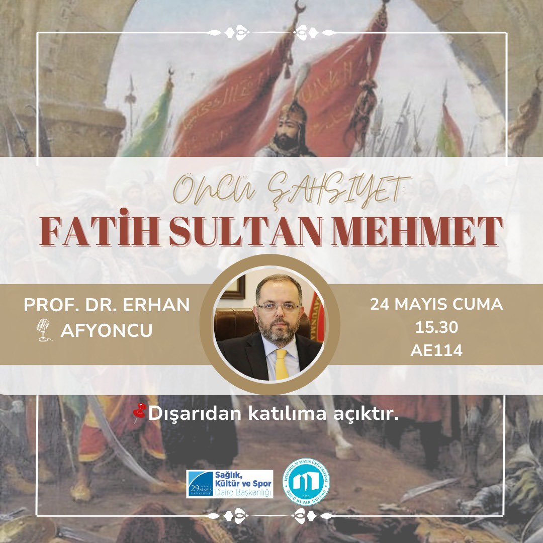 Milli Savunma Üniversitesi Rektörü Prof. Dr. Erhan Afyoncu’dan (@eafyoncu) Fatih Sultan Mehmet’i dinleyeceğimiz etkinliğimize hepiniz davetlisiniz. 🗓️ 24.05.2024 🕟15.30 📍AE114 📌Dışarıdan katılım için aşağıda yer alan formu doldurmayı unutmayınız.