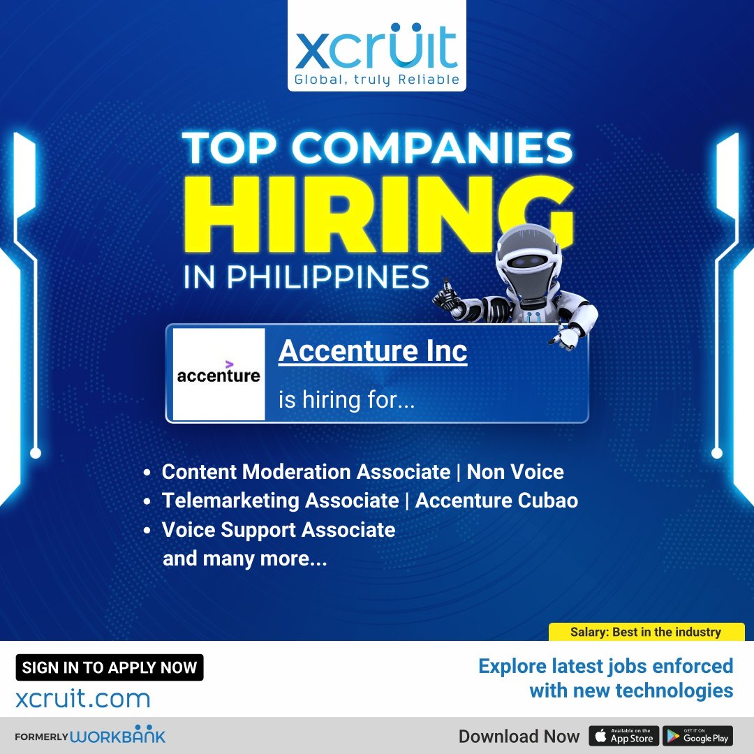 Amazing job opportunities in the Philippines! 🤝🏻
To apply, sign up here: bit.ly/3LzSglO or download the Xcruit app now.
Available on Play Store and App Store.
#Xcruit #JustXcruitBro #Recruitorr #JobsHiring #HiringAlert #HiringJobs #JobSeekers #HiringNow #HiringTalent