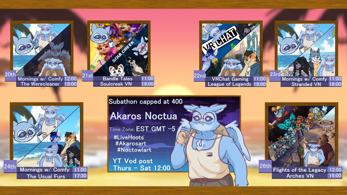 akarosnoctua's tweet photo. 📢 Subathon week 14 🦉

: ̗̀➛Birthday week, lets play some games hoot hoot

Details ⤵️
#LiveHoots | #ENVtuber | #Vtuber | #furry | #Subathon | #FlightsofTheLegacy | #VRChat | #SoulcreekVN | #StrandedVN | #ArchesVN | #INeedHealingVN | #TheUsualFurs https://t.co/H6EB16zXgf