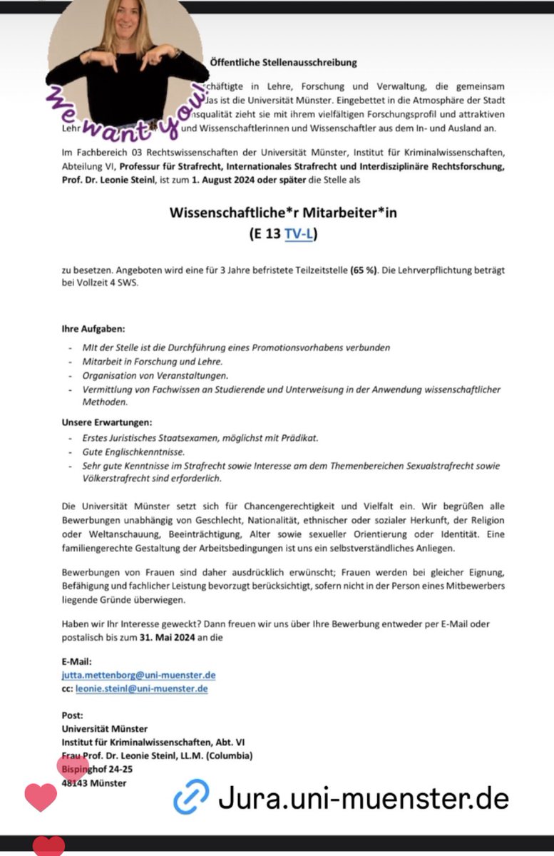 Leonie Steinl (@leonie_steinl) on Twitter photo #Stellenausschreibung 👉wissenschaftliche*r Mitarbeiter*in gesucht für #TeamStrafrecht <a href="/uni_muenster/">Universität Münster</a>! Fragen dazu beantworte ich gern! 👋 jura.uni-muenster.de/de/fakultaet/s… #Stellenausschreibung 👉wissenschaftliche*r Mitarbeiter*in gesucht für #TeamStrafrecht <a href="/uni_muenster/">Universität Münster</a>! Fragen dazu beantworte ich gern! 👋 jura.uni-muenster.de/de/fakultaet/s…