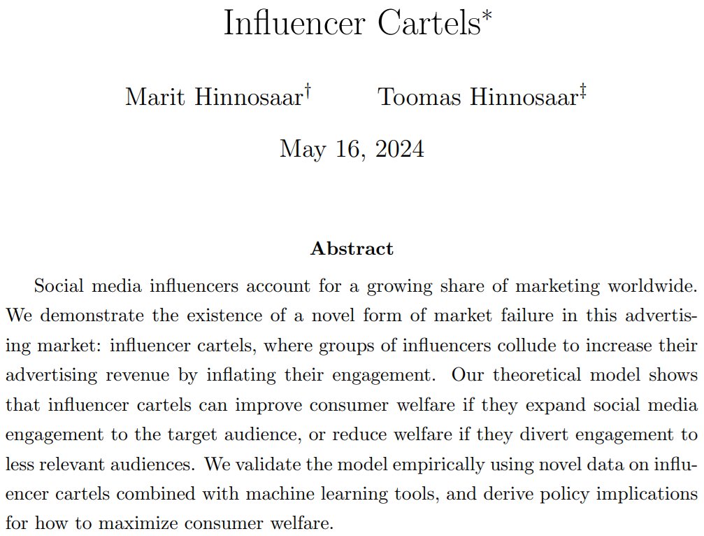 1/6 📢 @mhinnosaar and I have just finalized a paper we've been working on for several years. It is about #InfluencerCartels: social media influencers who collude to secure higher ad fees by inflating engagement metrics. Here's the thread. marit.hinnosaar.net/influencer_car…