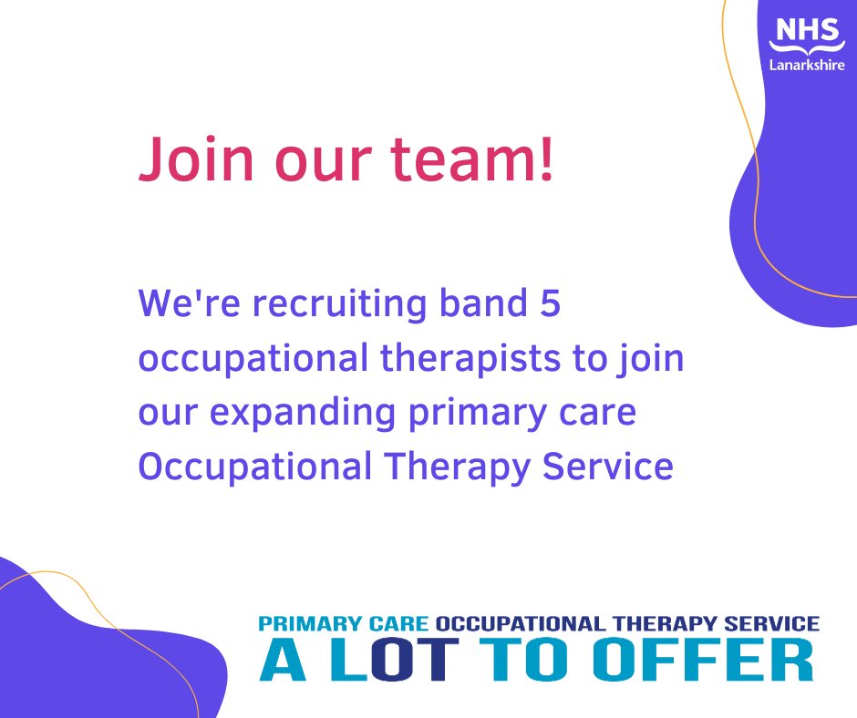 As our Primary Care Occupational Therapy Service continues to expand there are exciting opportunities for band 5 OTs to join the team. Closing date 24 May. For more info and to apply, visit apply.jobs.scot.nhs.uk/Job/JobDetail?… @NHSLOT @theRCOT @Whitelawmcc @Sam_Corriex @AmandaTurnerOT