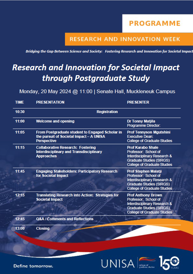 Next on the #UnisaRandiWeek programme is the College of Graduate Studies session, zooming into 'Research and innovation for societal impact through postgraduate study'. You can join the session live 📹 - youtube.com/watch?v=t_Z4yC… - on YouTube.