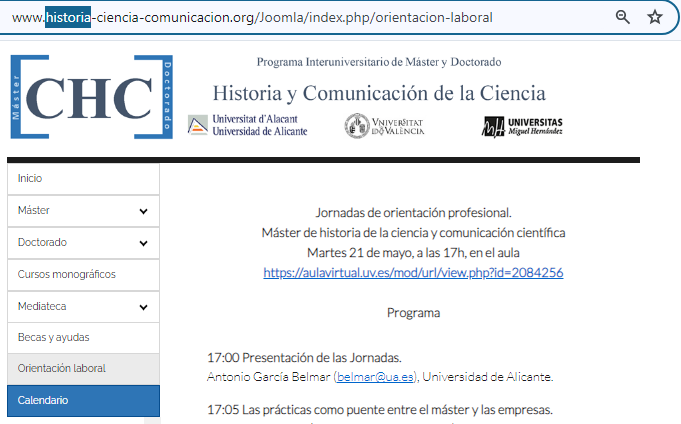 Mañana martes, 21 de mayo, a las 17h tendrá lugar la Jornada anual de orientación laboral del <a href="/masterhccc/">MasterHCCC</a>. Encontraréis el programa y el enlace de acceso en la página web y en el calendario oficial del máster (acortar.link/QIpU7V). Os esperamos.