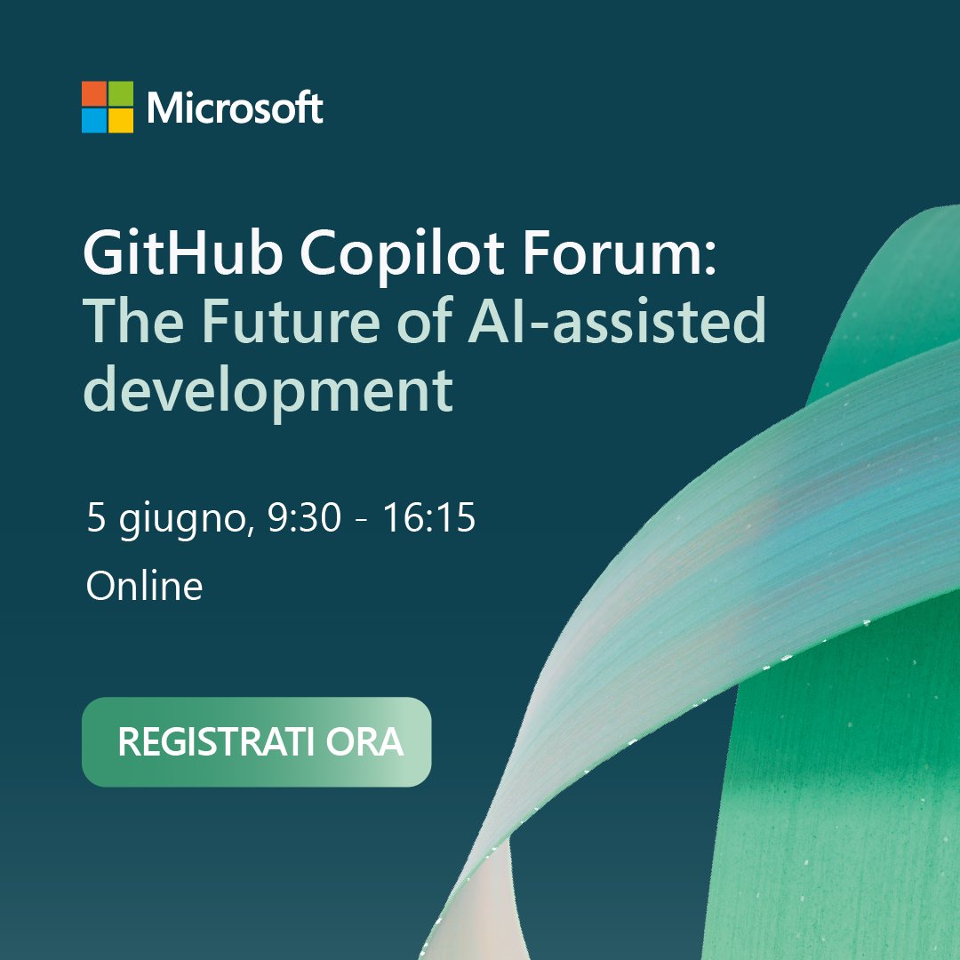 Il GitHub Copilot Forum arriva finalmente in Italia! Scopri tutto sull'utilizzo degli strumenti di sviluppo potenziati dall'#AI ed esplora gli ultimi aggiornamenti su #GitHubCopilot. Registrati ora all’evento online del 5 giugno🗓️: msft.it/6017YXNDS