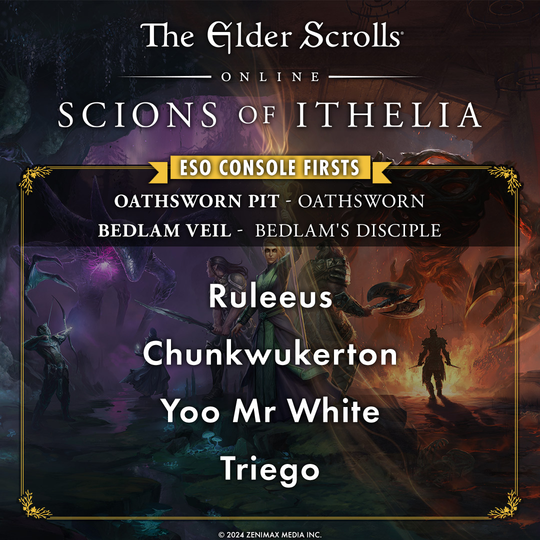 Let's hear it for the first ESO PC and Console groups to complete the Scions of Ithelia trifecta achievements! That's a veteran hard mode, speedrun dungeon clear with no deaths 👏👏👏