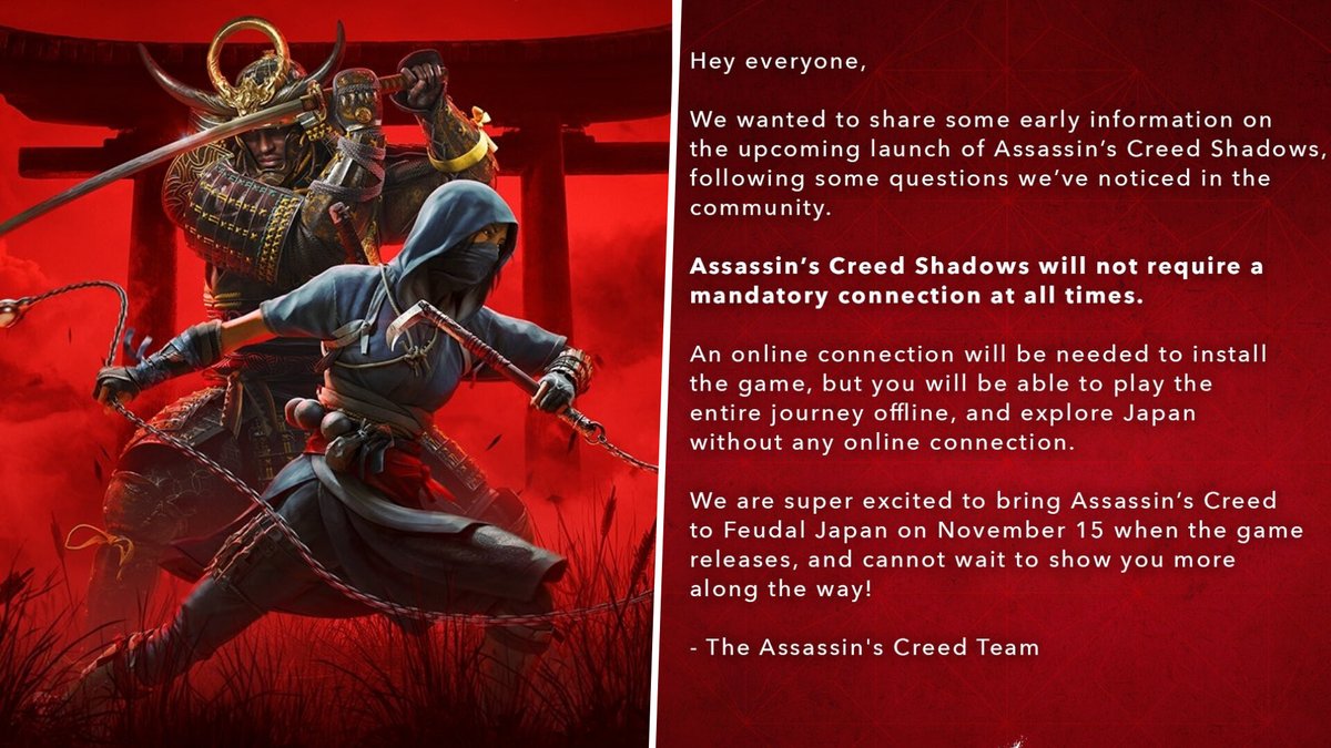'Assassin's Creed Shadows' requires no internet connection to play 🔌