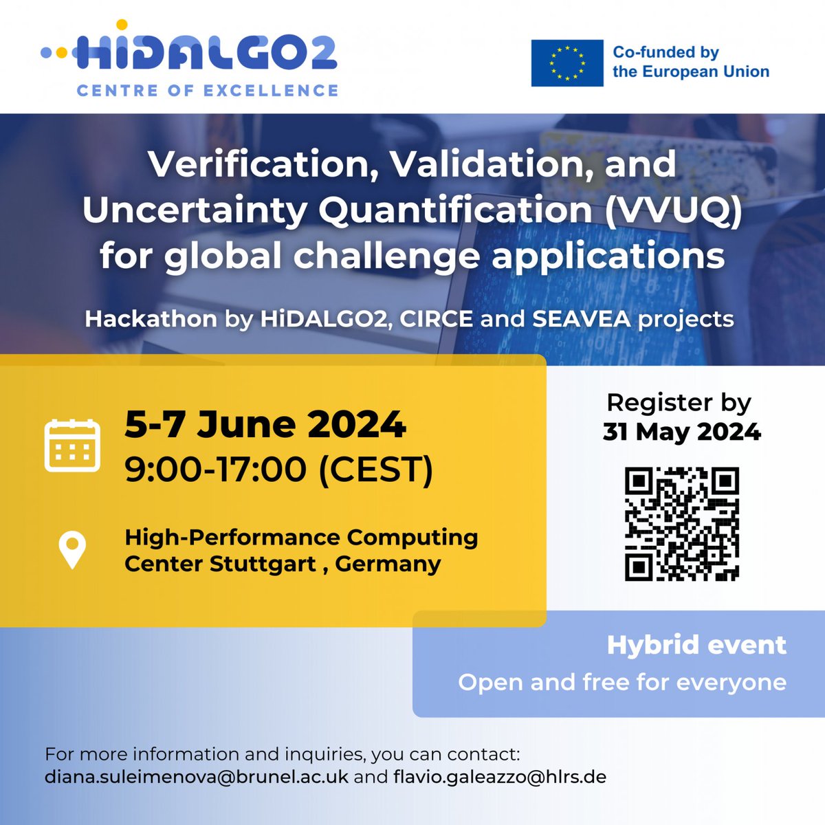 The @EuroHPC_JU project HiDALGO2 is organising a Hackathon.

This is the opportunity to dive into Verification, Validation & Uncertainty Quantification (VVUQ) for global challenge applications using the SEAVEA toolkit
📅5-7 June 2024

Deadline: 31 May 2024 forms.gle/4ytFD4TNEWFcA3…