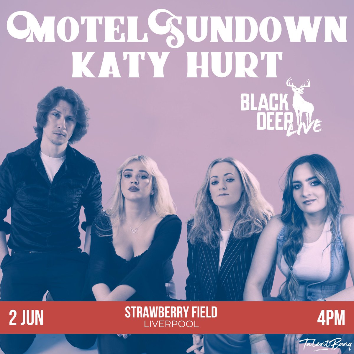Kicking off Summer Sounds at #StrawberryField is Black Deer Live presents Motel Sundown and Katy Hurt, in collaboration with Talentbanq. 

Sunday 2nd June
Doors from 4pm
Tickets £20

Get your tickets here: blackdeerlive.talentbanq.com/events/blackde…