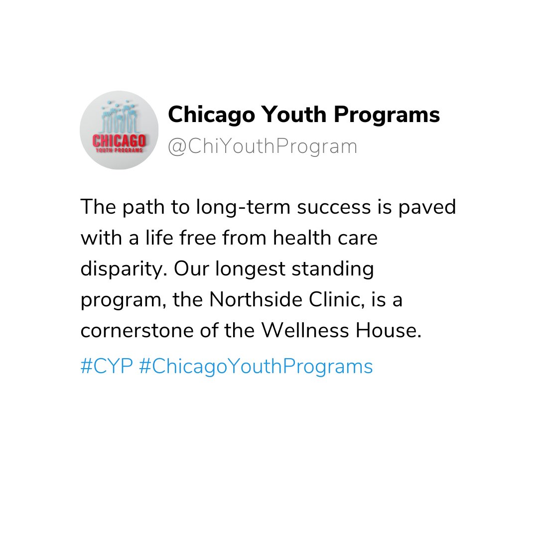 The path to long-term success is paved with a life free from health care disparity. 

Learn more, donate or register to volunteer at
ChicagoYouthPrograms.org

#CYP #ChicagoYouthPrograms #MakingADifference