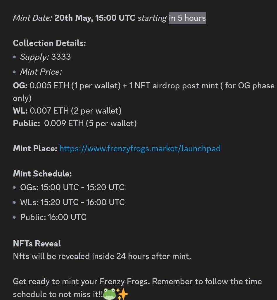 Information and reminder before minting.

Follow only official account @frenzy_frogs_