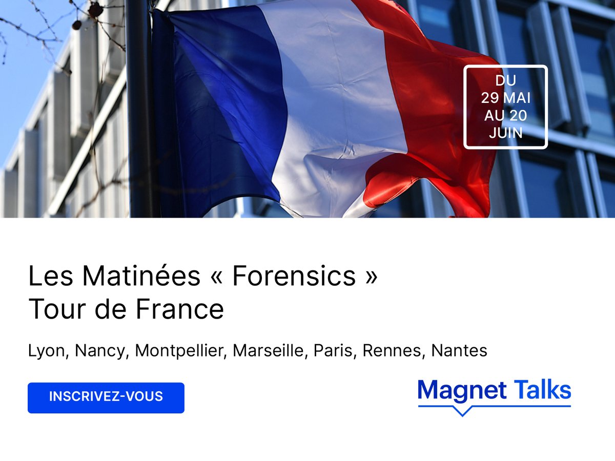 Magnet Forensics est de retour en France avec les Matinées Forensics. Nous serons sur la route, présents dans six villes différentes pour parler des dernières fonctionnalités des produits Magnet réservés au secteur public : de #Axiom et #Graykey: ow.ly/j6W150RJQeM
