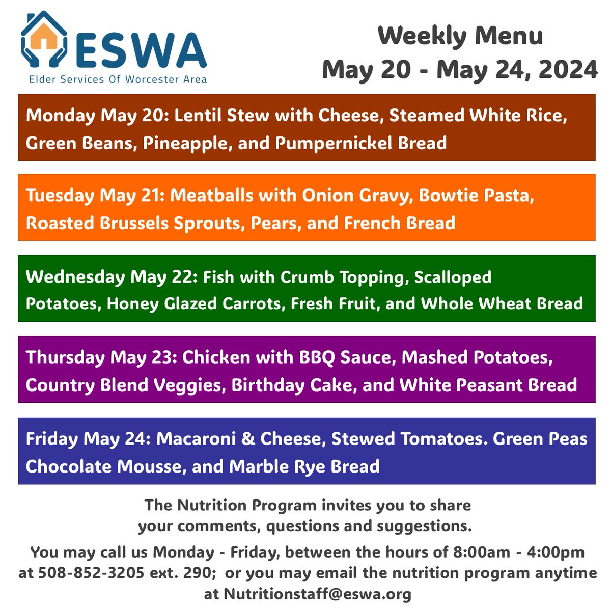 Here's the menu for this week, Monday, May 20 - Friday, May 24, 2024. What are you looking forward to eating?

Please note menu is subject to change. 
#MealsOnWheels #WorcesterMA #CentralMass