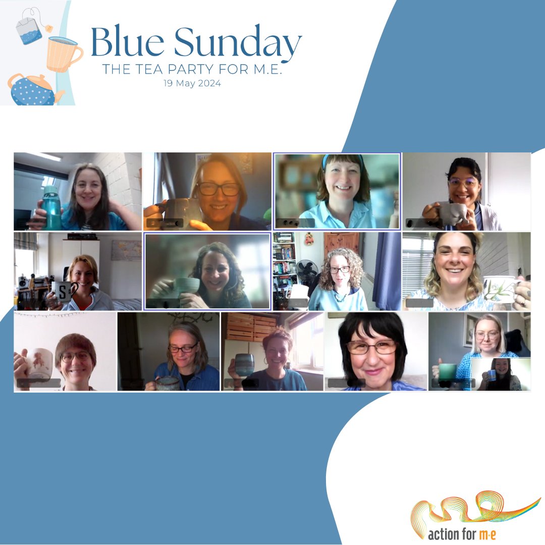 The team at Action for M.E. hosted a virtual #TeaPartyForME2024 for #BlueSunday2024! There is still time to donate! Anna has so far raised an incredible £8,000 for ME charities & pwME. To donate: ow.ly/hUYA50QKJ1H #MECFS #MyalgicE #MyalgicEncephalomyelitis