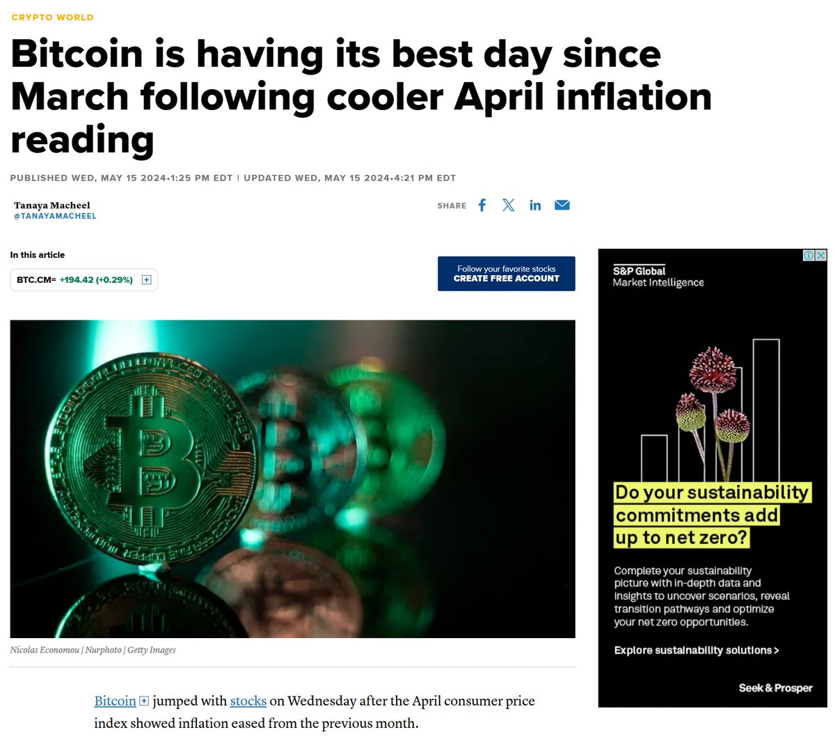 📈 Bitcoin is having its best day since March! Our analyst, Leena ElDeeb, featured in a recent <a href="/CNBC/">CNBC</a> article, suggests this could be due to the U.S. core CPI cooling down for the first time in six months, potentially sparking a recovery of investors’ appetite for risk-on assets