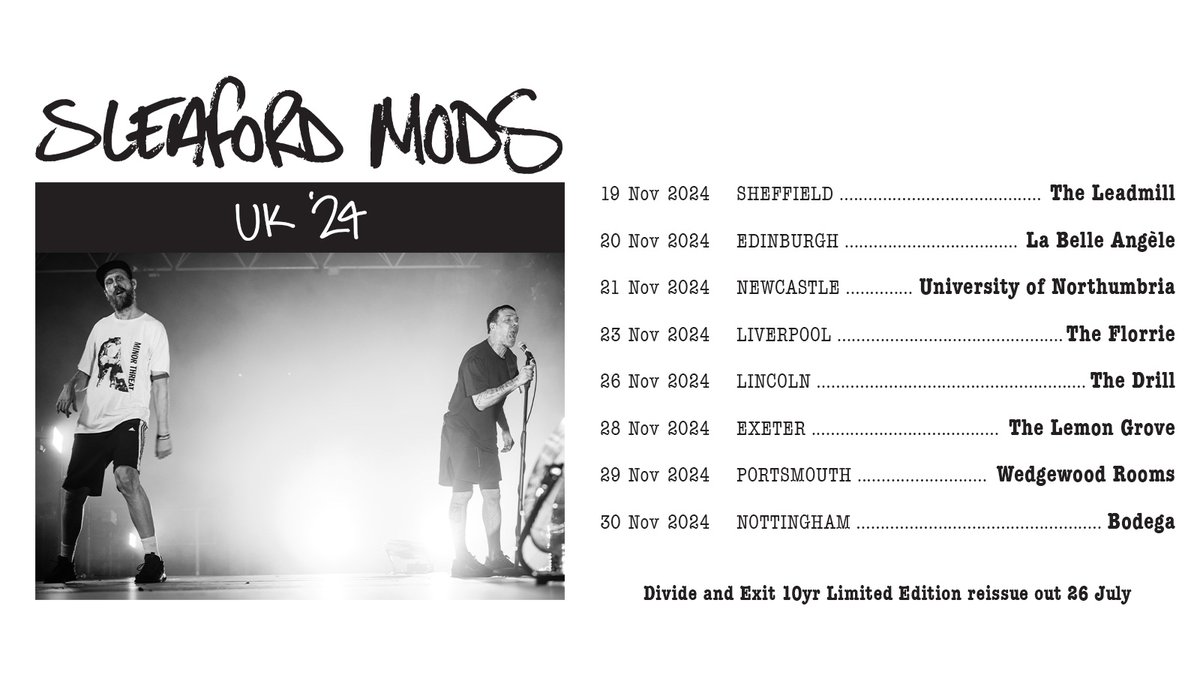 NEW: @sleafordmods, the duo comprised of Jason Williamson & Andrew Fearn, will embark on a UK tour later this year 💥
 
Find tickets in our #LNpresale this Thursday at 10am 👉 livenation.uk/ARUS50RIGY2