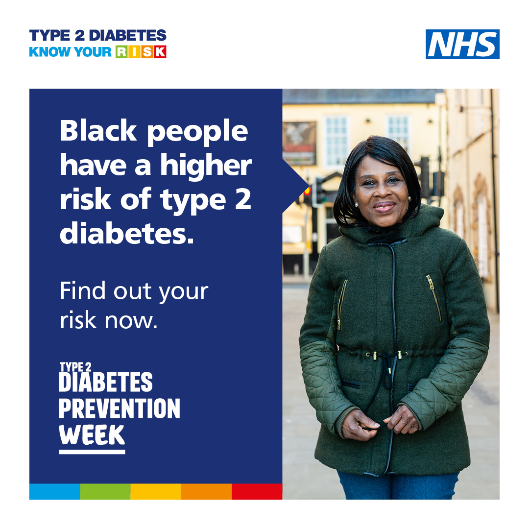 People from Black Caribbean, Black African and South Asian backgrounds are more at risk of type 2 diabetes Find out your risk – it could be the most important thing you do today. riskscore.diabetes.org.uk #Type2DiabetesPreventionWeek @atbeaconproject @Five2Medics @LDNinspire_