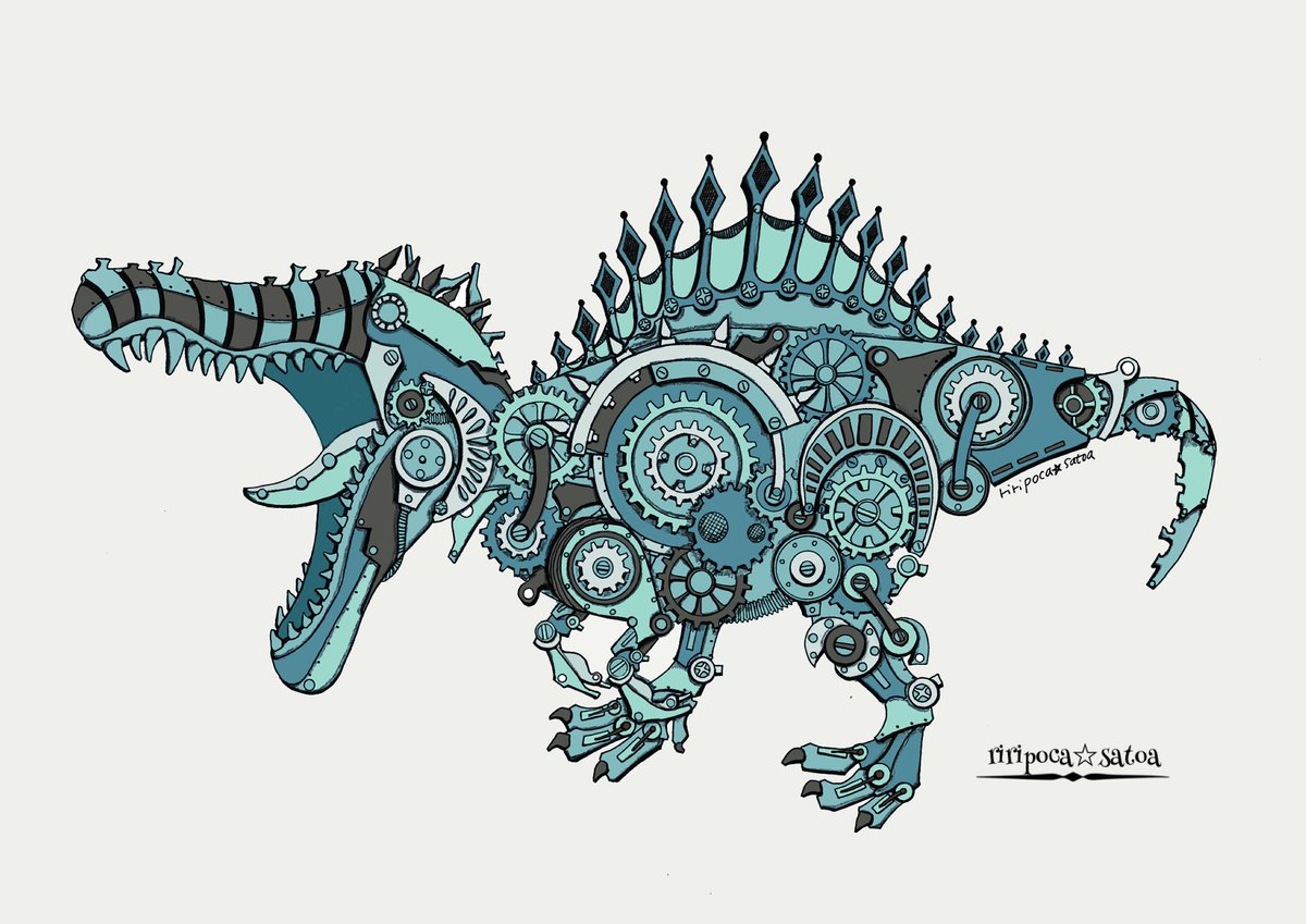 「今日もお疲れ様でしたスピノサウルス#スチームパンクイラスト#歯車イラスト#ペン画」|riripoca☆satoa.のイラスト