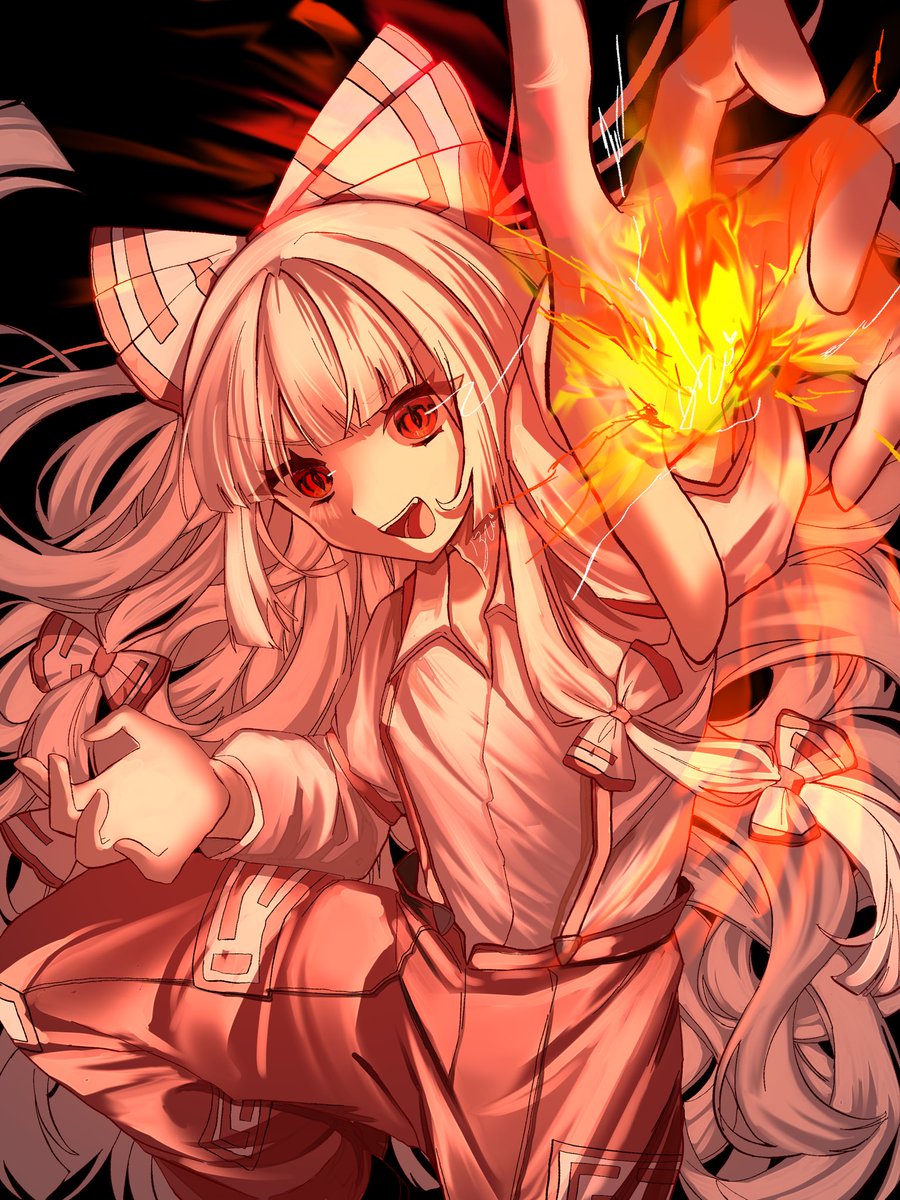 fujiwara no mokou 1girl solo long hair looking at viewer smile open mouth simple background  illustration images