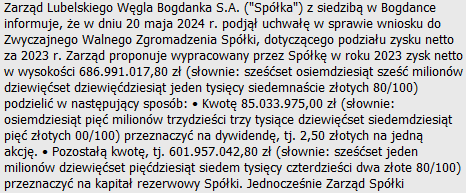 Bogdanka: 2,5 zł na akcje dywidendy