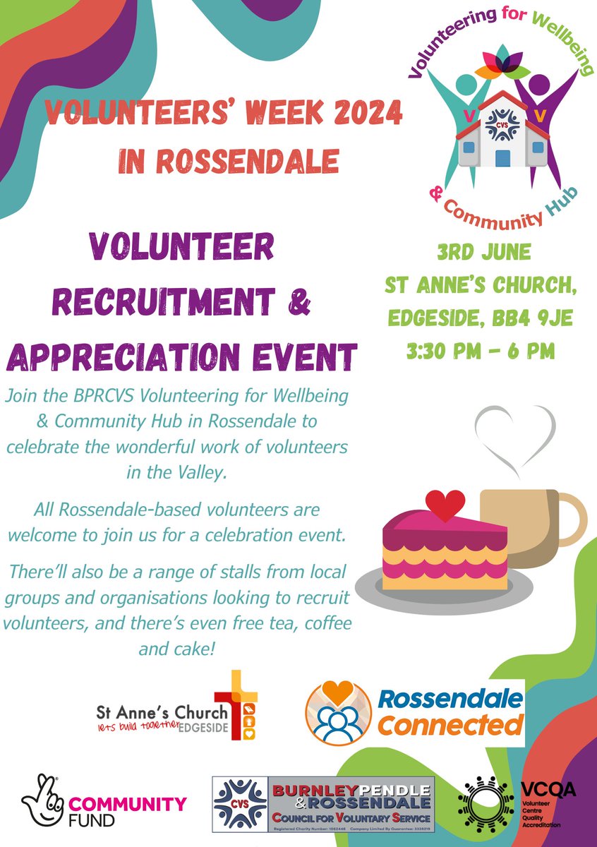 🎉 Hey #Rossendale volunteers! Your commitment deserves recognition. Join us for a free appreciation event organised by our Volunteer Hub during #VolunteersWeek. Let's connect over tea, coffee, and cake as we celebrate your amazing contributions! 🫖🍰 #VolunteerAppreciation