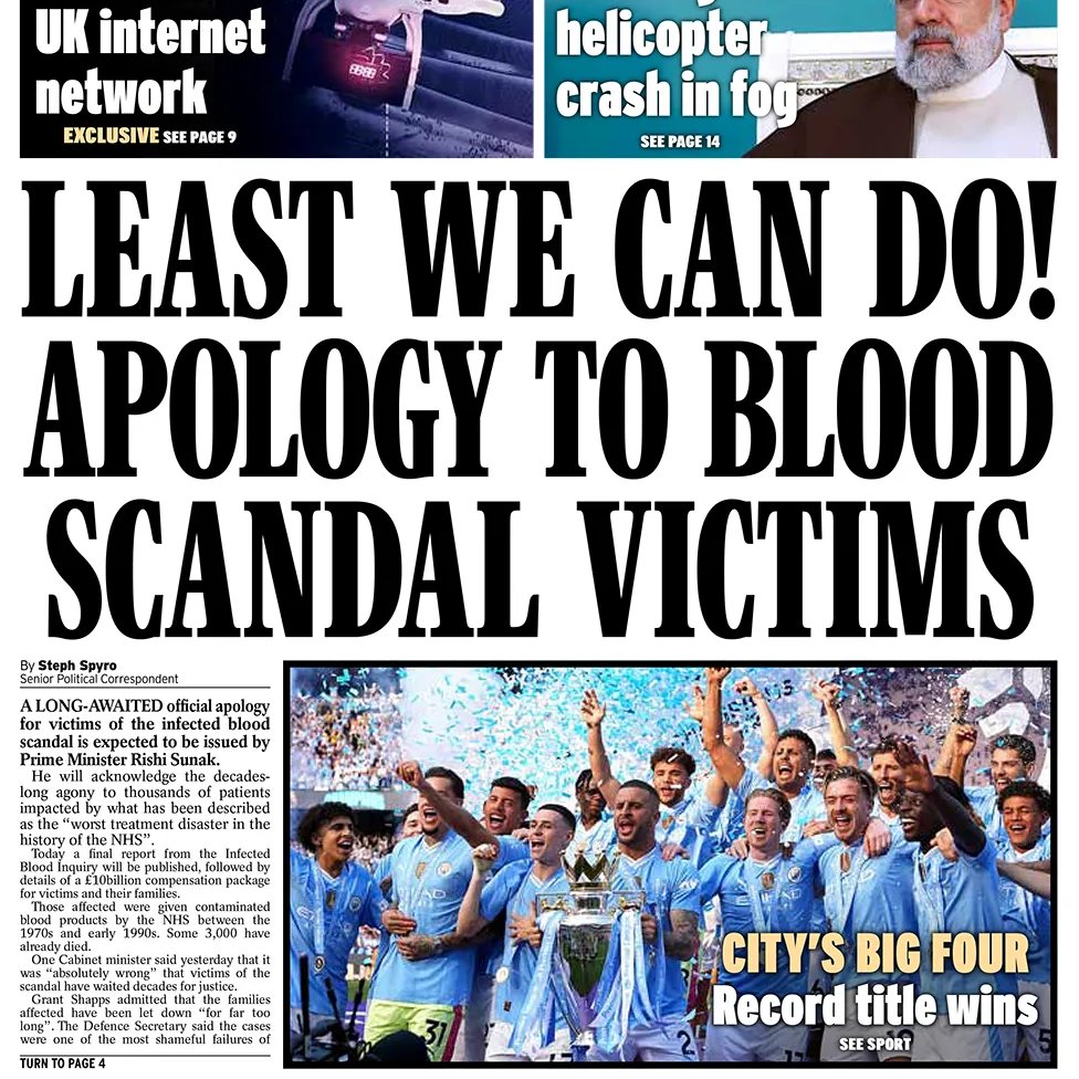 Sunak's expected to give a long-awaited official apology for victims (claiming 2 deaths a week) of the infected blood scandal when the public inquiry into the biggest disaster in NHS history publishes its findings today & heavily critical of individuals & organisations.