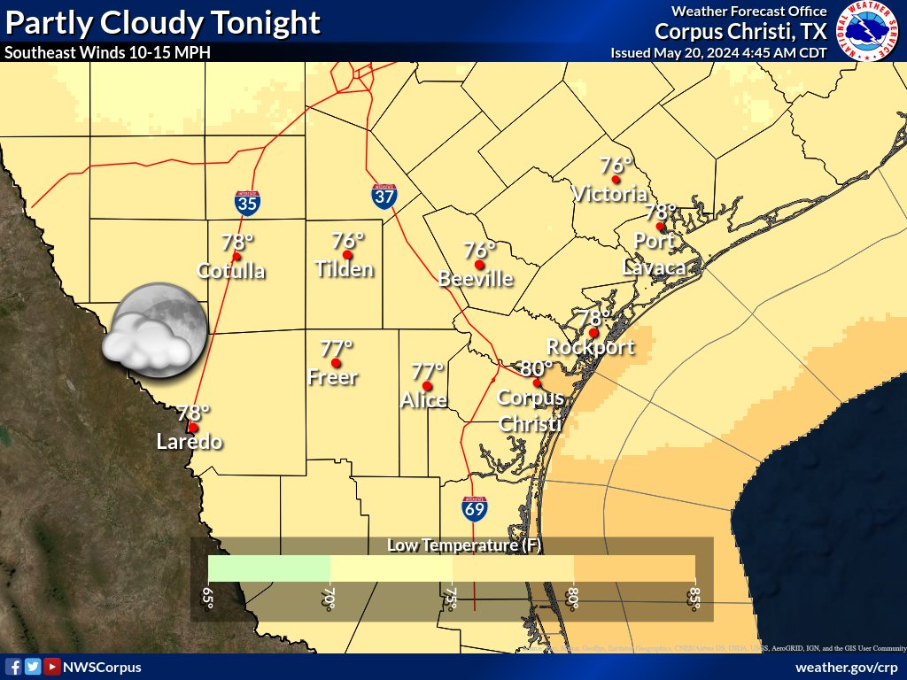 Becoming mostly sunny today with from around 90° to around 100° along the Rio Grande Plains. Heat indices will range from 95 to 105 today. Waves will be around 3 feet today, with a LOW risk of rip currents. Partly cloudy tonight with lows ranging from the mid 70s to around 80.