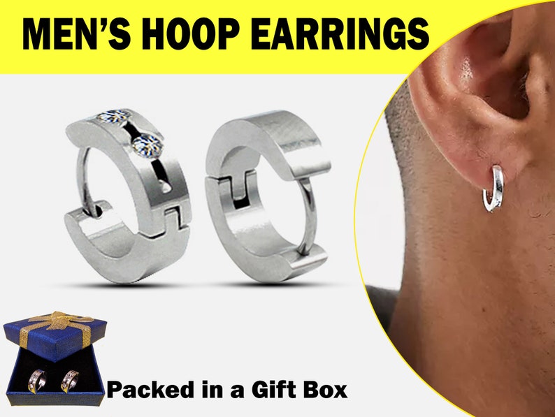 Men's Hoops,Stylish Earrings,Masculine Earrings with CZ Crystals-Stainless Steel Hoops Earrings for Men-1 Pair Packed in a Gift Box.
#huggiehoopearrings #unisexhoopearrings #menhoopearrings #clickerearrings #surgicalsteelhoopearrings #cliponhoopearrings 
🛒etsy.com/uk/listing/160…