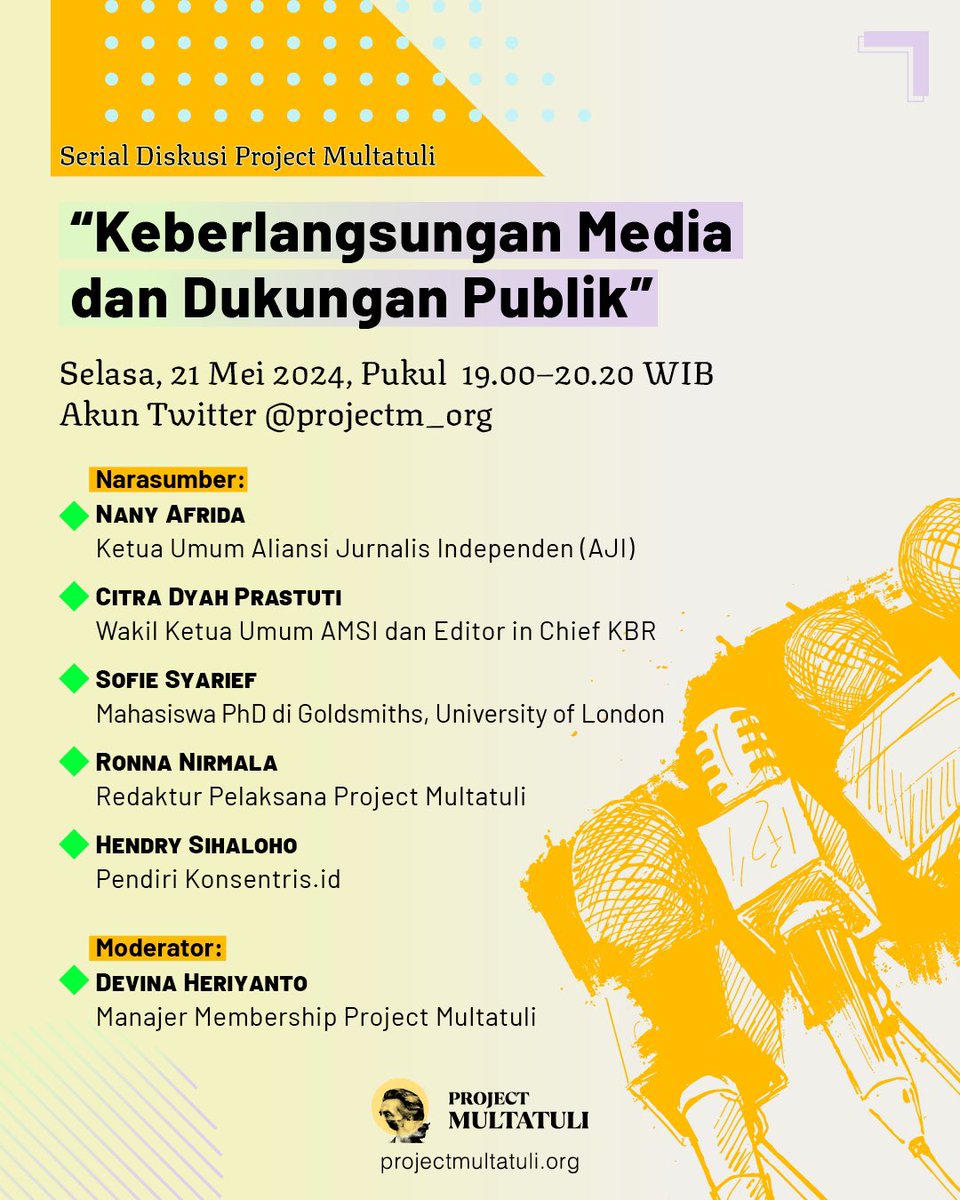 Sebagai media yang bercita-cita ingin hidup 997 tahun lagi dari dukungan pembaca, Project M ingin membuka diskusi mengenai keberlangsungan media dan dukungan publik. Bersama <a href="/nany_afrida/">nany_afrida #TolakRUUPenyiaran</a>, <a href="/citradp/">citradp</a>, <a href="/sofiesyarief/">sofie syarief</a>, <a href="/malanirmala/">Ronna Nirmala</a>, <a href="/AjaHendry/">Hendry Sihaloho</a>, dan <a href="/DevinaYo/">Devina Yo</a>.

🔗x.com/i/spaces/1PlKQ…