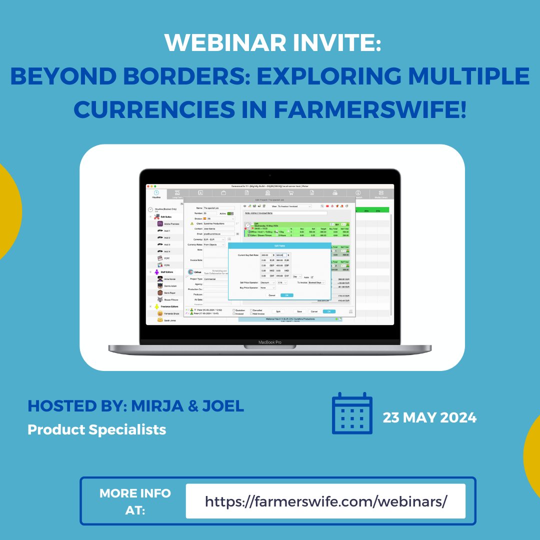 Get ready for our webinar on Thursday! Join us for a 40-minute session to uncover the benefits of managing multiple currencies. Explore how farmerswife’s multicurrency capabilities can simplify global workflows and optimize project management efficiency -  bit.ly/4bJwgj5