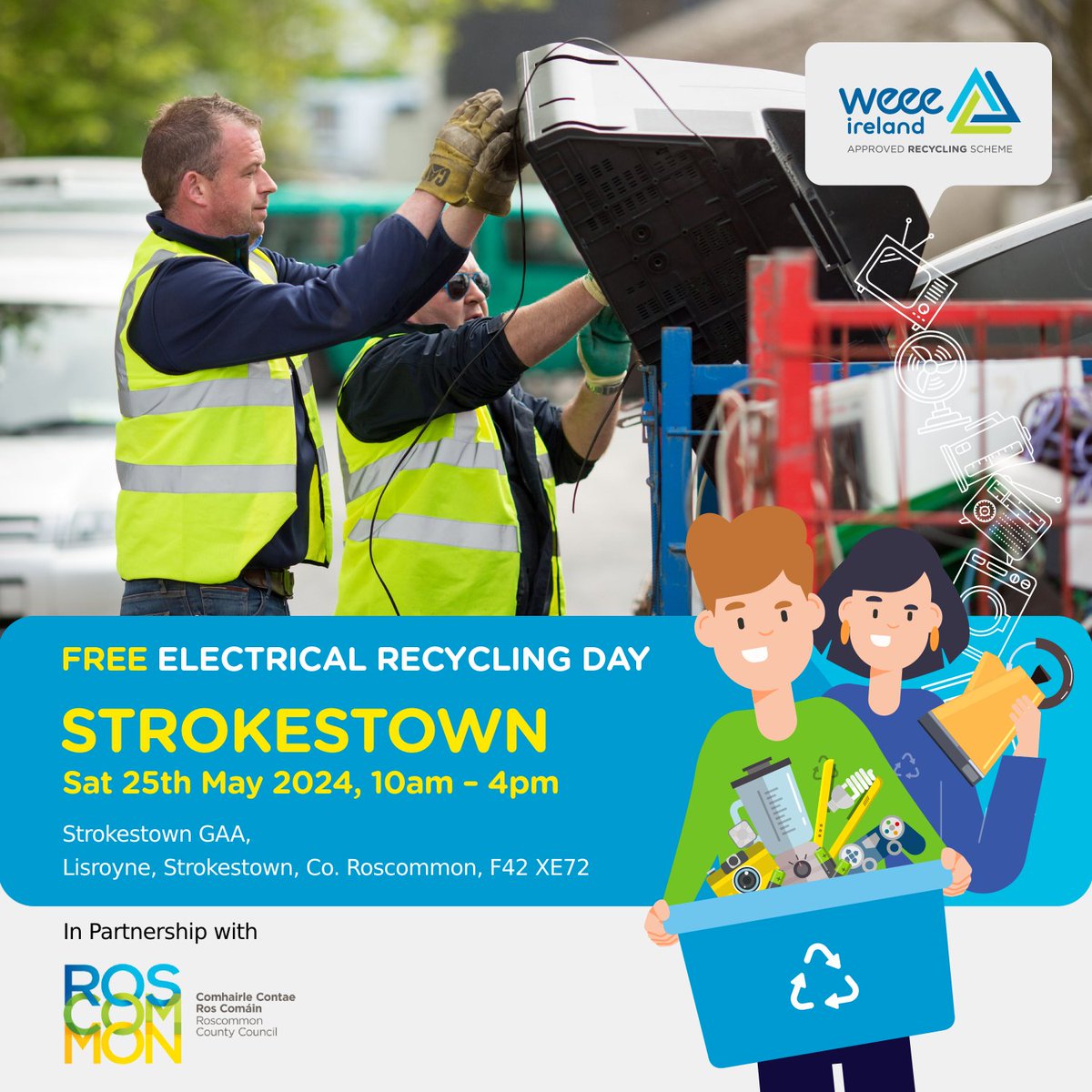 🗓️ WEEE Ireland's next WEEE Collection Day is Saturday May 25th at Strokestown GAA 📌 Recycle your batteries, ovens, kettles, lawnmowers, farm fence batteries, electrical toys, hedge trimmers . 💻 ow.ly/FSOj50RMURg #WEEE #RoscommonRecycling #ewaste