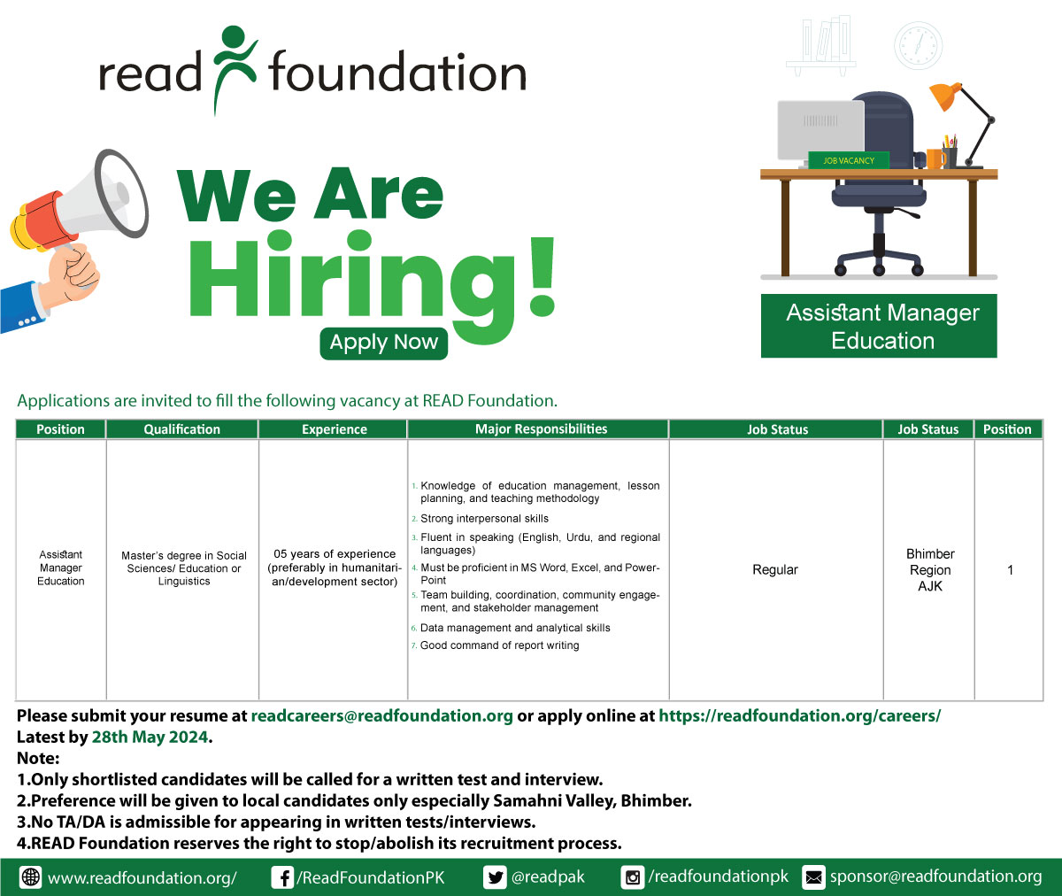 Job Alert!!! Join our dynamic team and unlock your potential! We're hiring talented individuals who are passionate and ready to make a difference. Apply now and take the next step towards a fulfilling career. Please apply at the given link: readfoundation.org/careers/ (For any