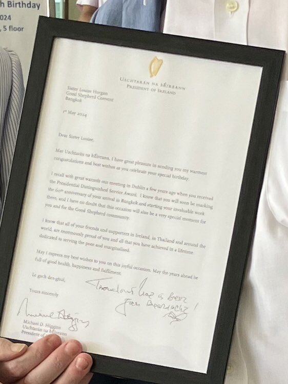 Sister Louise Horgan marks her 90th birthday today.  A missionary for 73 years, she has devoted the last 59 years to vulnerable women and children in Thailand.    Honoured to present a special message from President Higgins to mark the occasion.