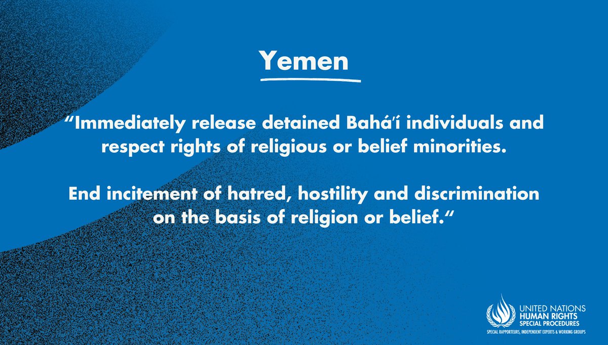 #Yemen: UN experts call for urgent release of five Bahá’ís who remain in detention one year after their abduction by de facto authorities in 🇾🇪, citing concern that the detainees are at serious risk of torture &amp; other #HumanRights violations.

ohchr.org/en/press-relea…