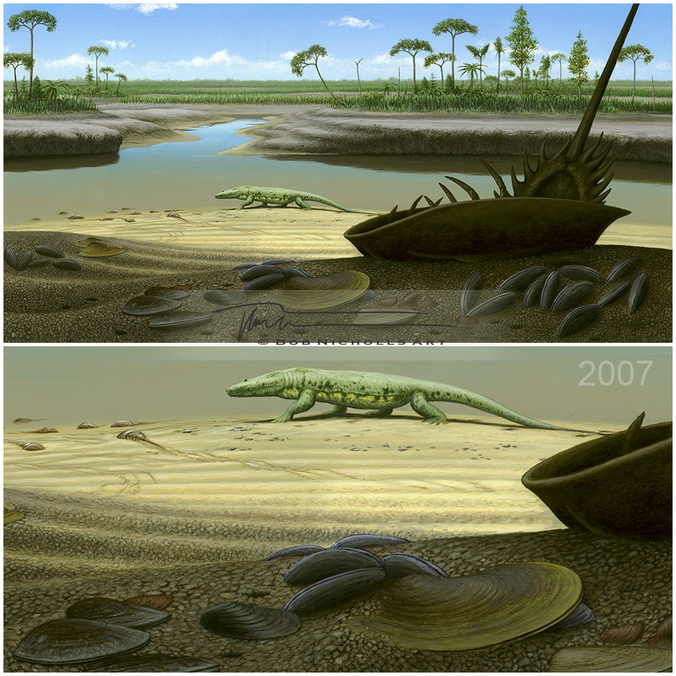 My 25 years of palaeoart chronology...

A Carboniferous scene for a book published in 2007. I forget the title of the book but the author was Alistair Bowden.

#SciArt #SciComm #Dinosaurs #PalaeoArt #PaleoArt