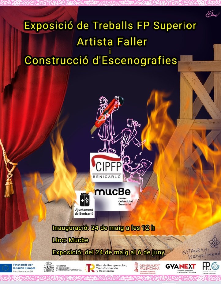 FPBenicarlo's tweet photo. 🔶🎨🖌️ Exposició de Treballs del cicle formatiu d'#FP superior Artista faller i construcció d'escenografies
📍 Lloc: Mucbe
✍️ Inauguració: divendres 24/05 i fins el 6/06
#CIPFPBenicarló #FPBenicarló #ArtEfímer #ArtistaFaller #Escenografies #Mucbe #Benicarló
@Ajunt_Benicarlo https://t.co/nPZLq7FU8q