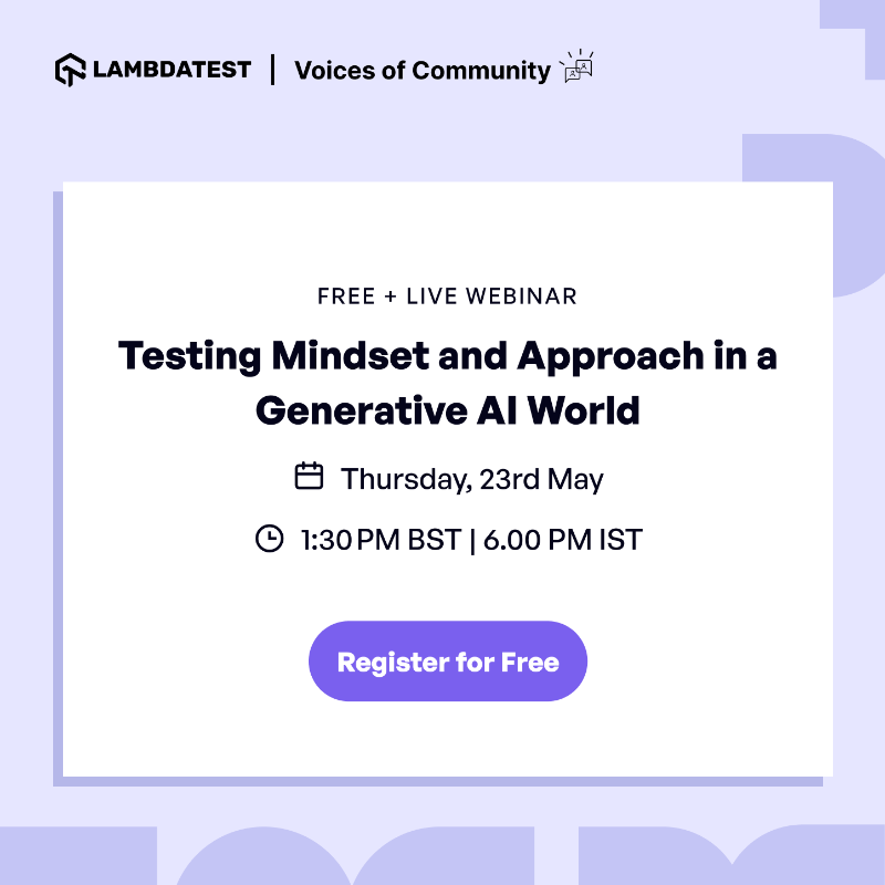 testmuai's tweet photo. Is your testing mindset ready for the AI revolution?🌐🤖

Join our upcoming #VoicsesOfCommunity webinar🔗https://t.co/gEAzugIFqi to decode this crucial question! Hear @2bittester, Quality Engineer, @jlpartnership, and @manoj9788, VP - DevRel &amp; OSPO, LambdaTest. 

#AI