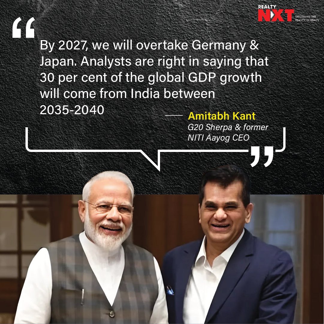 #News | #AmitabhKant expressed confidence at the #CIIBusinessSummit 2024 that #India would surpass #Germany & #Japan by 2027. He highlighted India's economic reforms, projecting India to contribute 30% of global GDP growth between 2035-2040. #RealtyNXT #G20India #EconomicGrowth