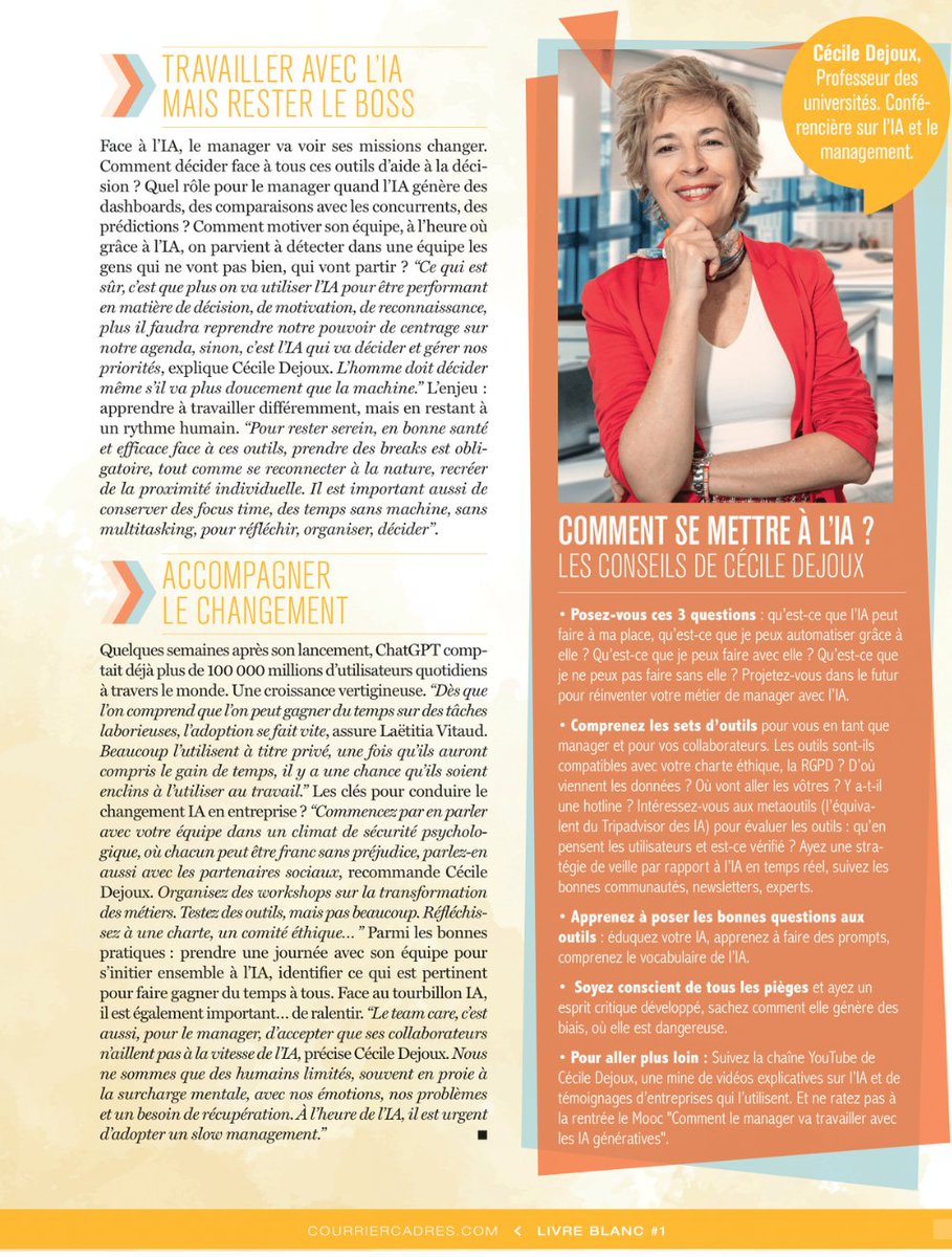 CecileDejoux's tweet image. Ravie d'avoir contribué au livre blanc de @courriercadres en cette semaine de la #QVCT sur la thématique : comment anticiper le travail de demain ?

#management #CAREmanagement #IA #IntelligenceArtificielle @LeCnam @ESCP_bs @csod_FR