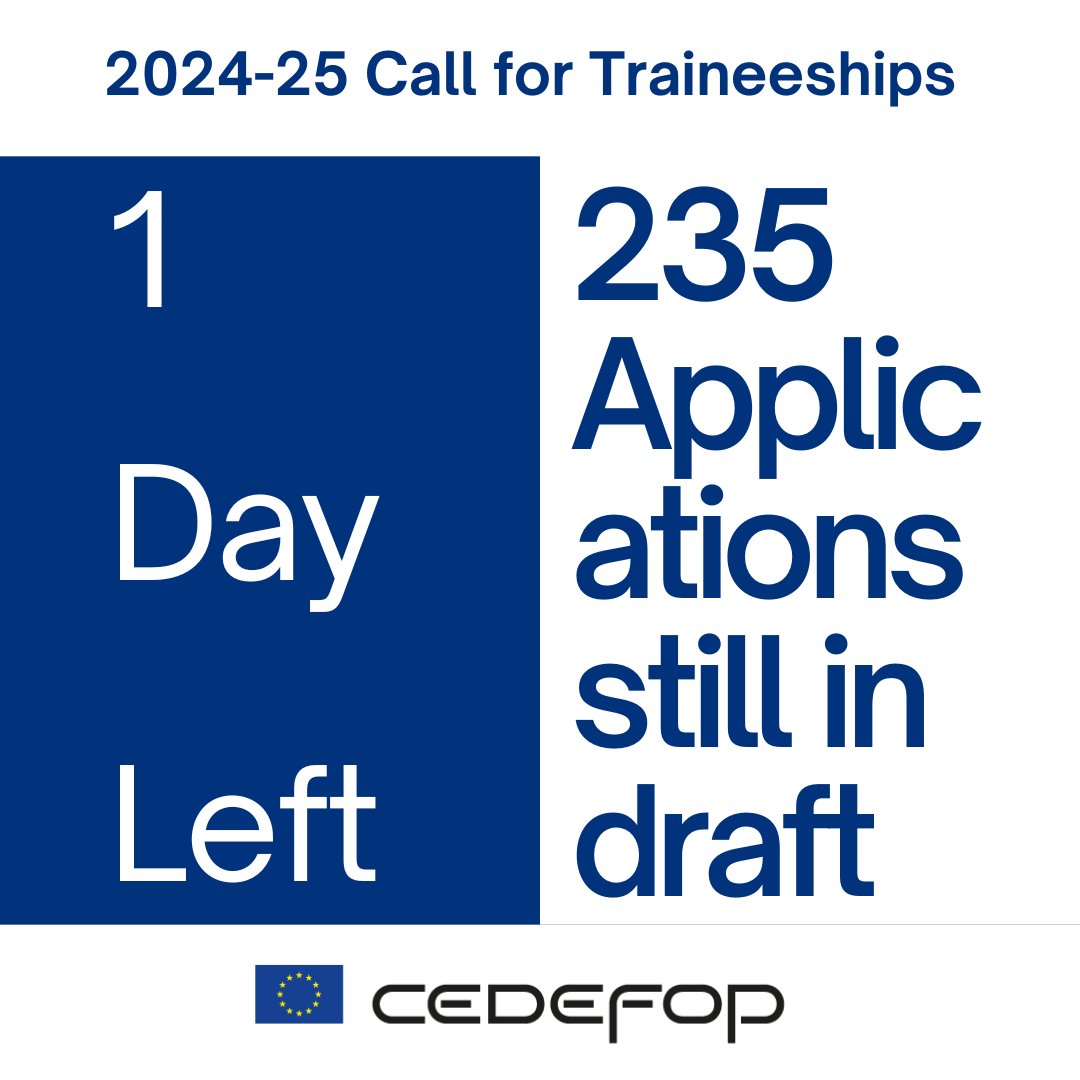 🥁#CEDEFOP 2024-25 Call for #Traineeship.🥁 Will you be among our next trainees? 1 day left to polish your application & click the 'submit' button.📤 👉 To find the 11 open calls: cedefop.europa.eu/en/about-cedef… #EUTraineeship #EUResearchJobs #EUCareers #Skills #GraduateJobs #JobAlert