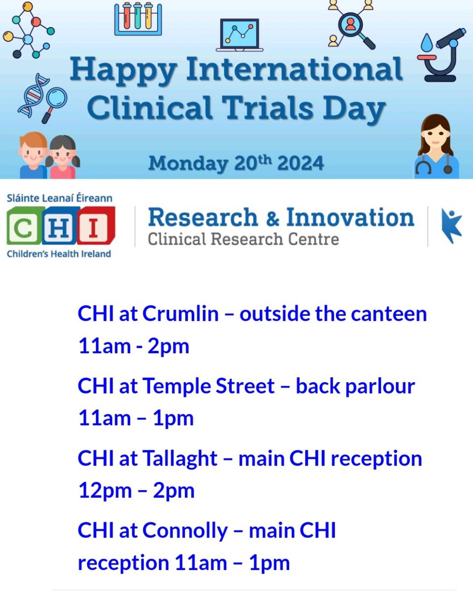 Our Clinical Research Centre team will be celebrating ✨International Clinical Trials Day✨ at information stands across our @CHI_Ireland sites today in CHI at Crumlin, Temple St, Tallaght and Connolly. Please stop by 🙂 #ICTD2024