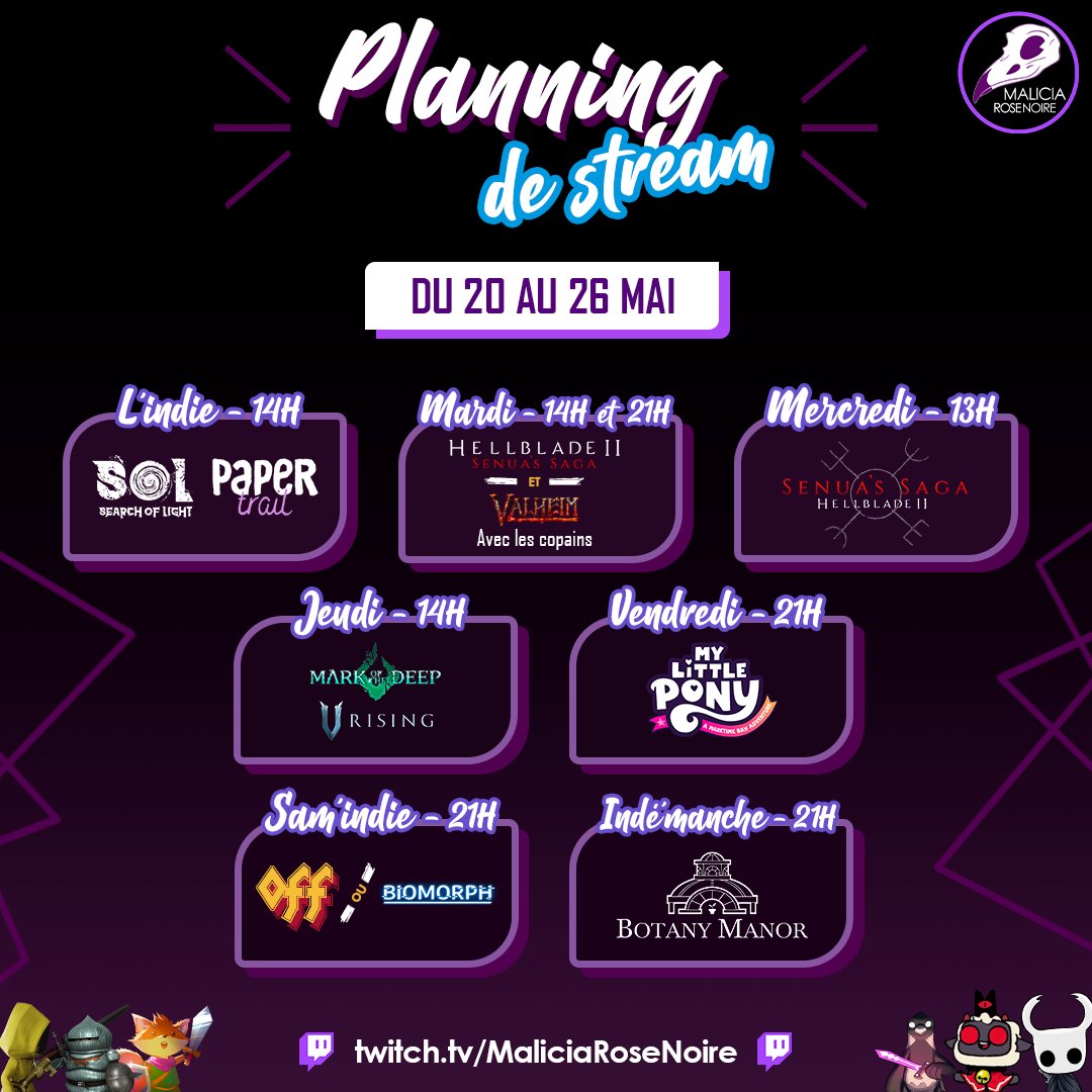 MaliciaRoseNoir's tweet photo. ✨ C'est l'heure du planning de la semaine 📅 :
🔸 L'indie à 14h : Découverte de #searchoflight ⚒️ et de #PaperTrail 📄
🔸 Mardi : 14h - #Hellblade2⚔️ (trop hâte !!) et 21h - le retour de #Valheim ⚔️ avec les copains
🔸 Mercredi à 13h : Suite de #Hellblade2⚔️
(La suite ⬇️⬇️⬇️) https://t.co/xViJ4PyvfM