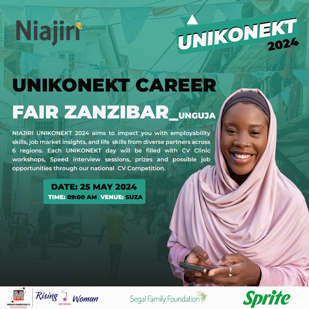 Habibiiiiiiiiii 📢 UNIKONEKT has finally arrived in Zanzibar! 🧕👳‍♂️ Niajiri Platform invites you to the UNIKONEKT Career Fair in Zanzibar.

DATE: Saturday 25 May 2024 
VENUE: SUZA 
TIME: 8:00 AM - 3:00 PM

To attend, register at: [forms.gle/GrDGDhJTcuSb4A…]
#Unikonekt2024 #Niajiritz