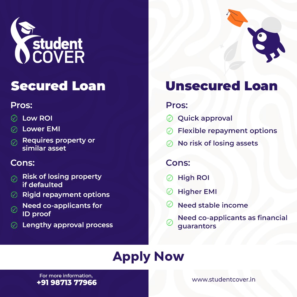 Know the Difference!

Secured vs. Unsecured Loans: Secure your financial future by understanding which loan type suits your needs best. 🏦🔐

For more details reach us on,
+91 9871377966 or visit studentcover.in

#educationloan #StudentLoans #MoneyMatters #StudentCover